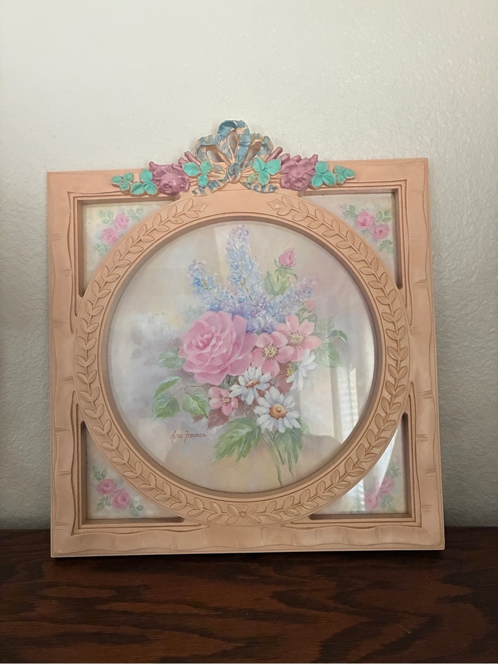 Vintage Shabby Chic Floral Art with Ribbon & Bow Resin Frame